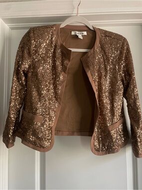 Forever 21 Rose Gold Sequin Open Front Jacket w/ Shoulder Pads Size Small